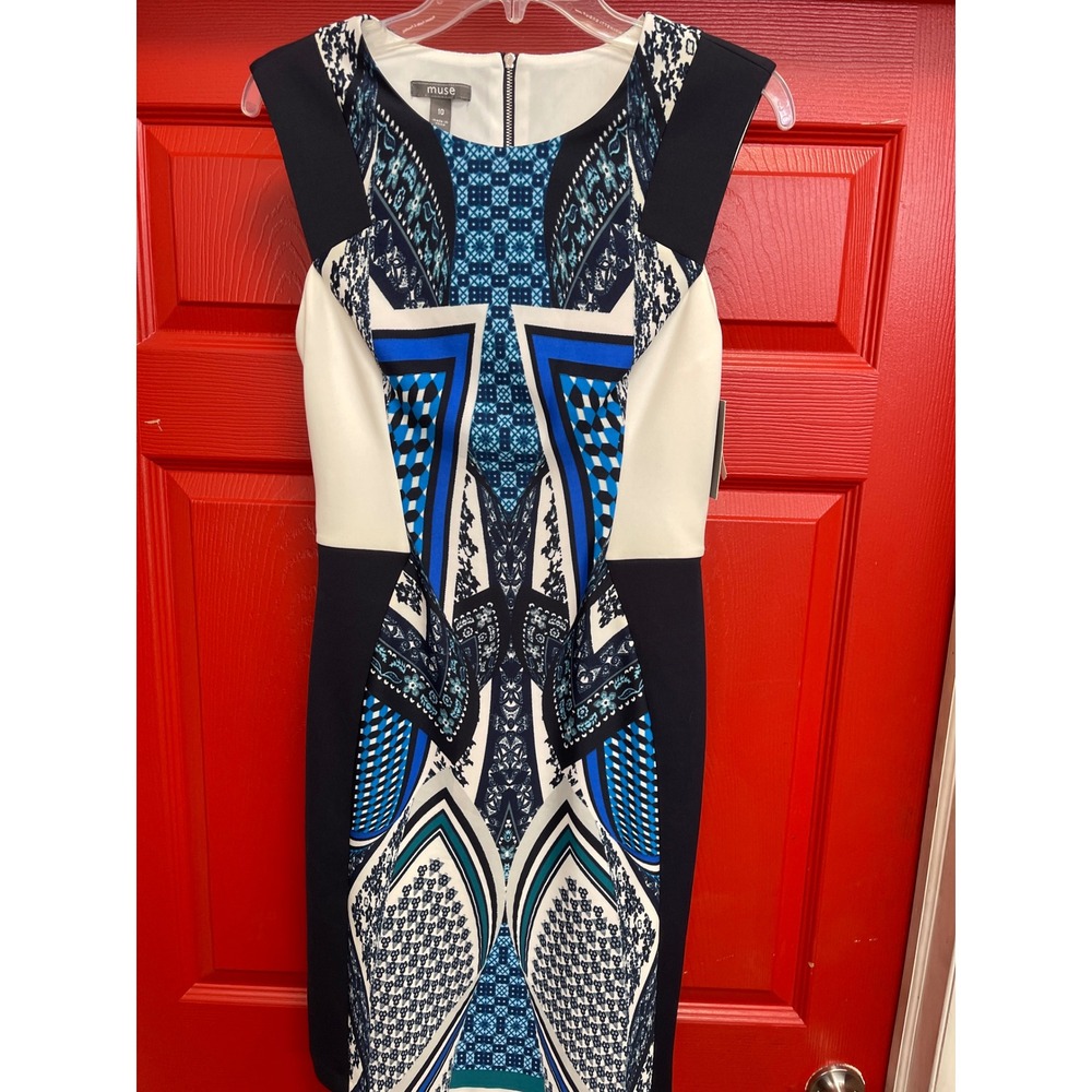 Muse Blue Geometric Paisley Sheath Dress Size 10 Neiman Marcus NWT